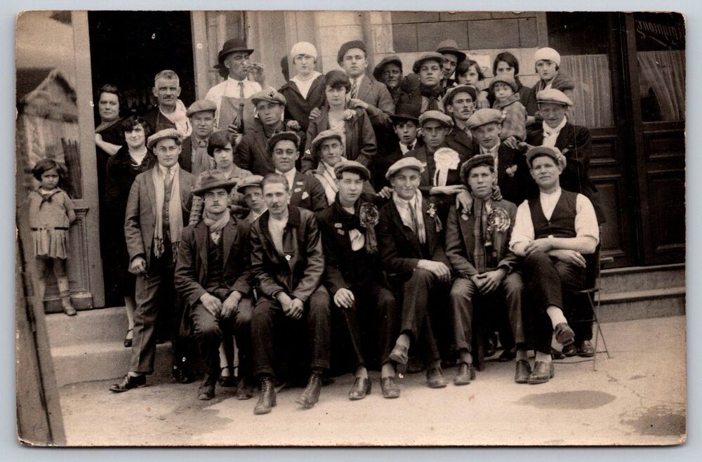 Vintage 1920s French Postcard Bistro Cafe Group Photo RPPC Casquette Flat Cap